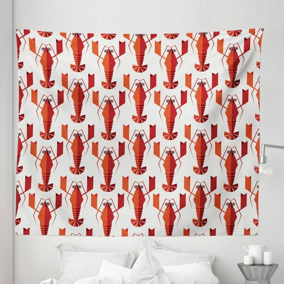 Lobster Tapestry, Abstract Geometric Lobsters Art Vertically Aligned Graphic, Fabric Wall Hanging Decor for Bedroom Living Room Dorm, 5 Sizes, White and Vermilion, by Ambesonne