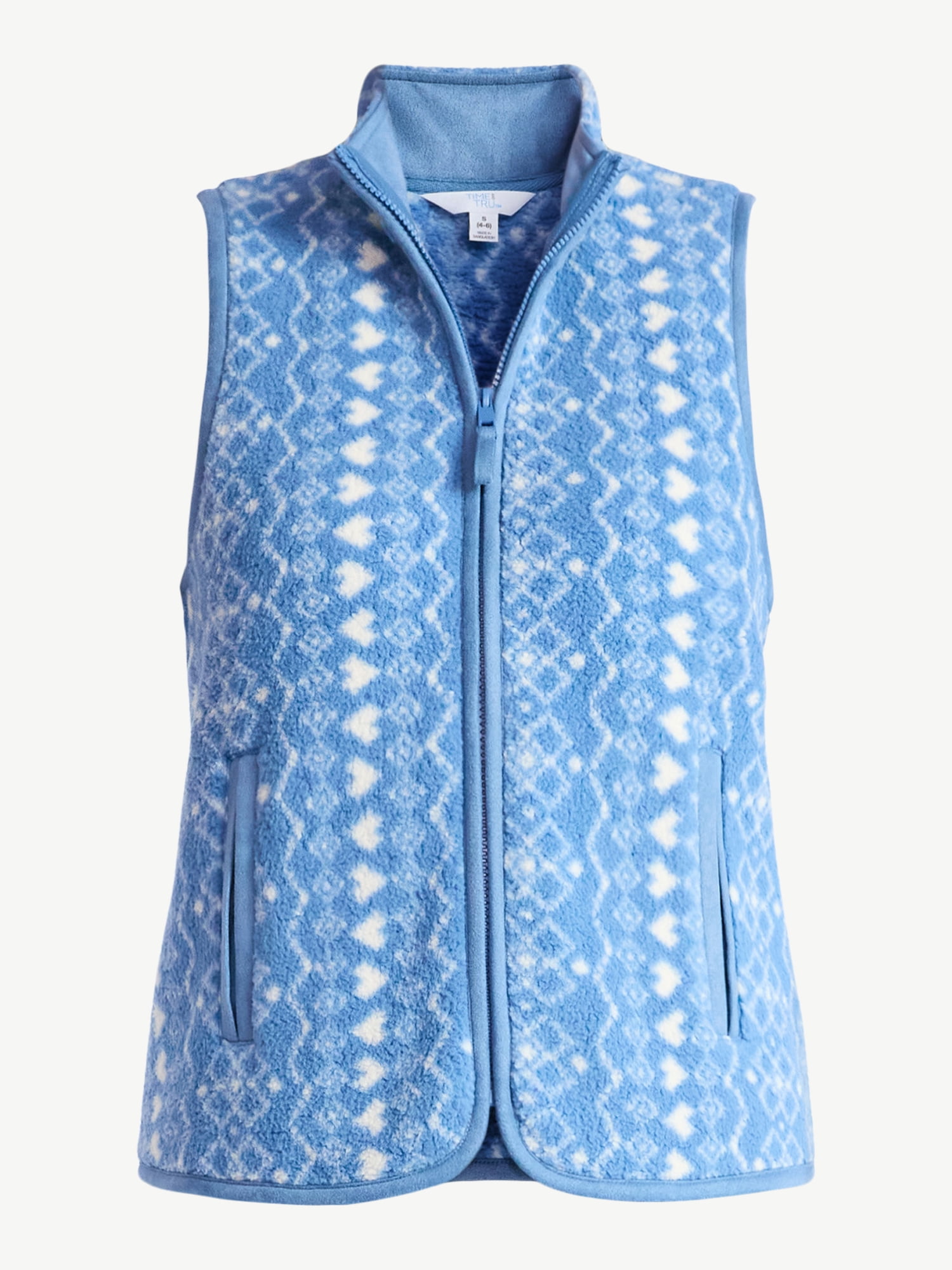Time and Tru Women's Print Plush Fleece Zip Vest, Lightweight, Sizes XS-XXXL