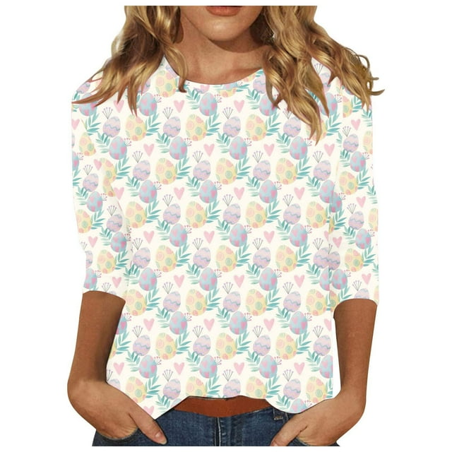 Bowake T-Shirts de Pâques pour Femmes Été Grandes Tailles Mignons Col Rond Manches 3/4 Œuf de Pâques Graphique