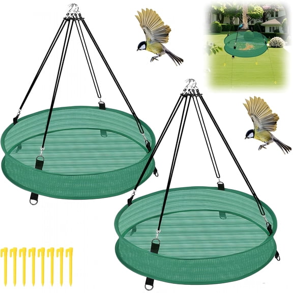 ACDANC 2Pcs Bird Seed Catcher Tray with 8 Plastic Stakes, 18 Inch Hanging Bird Feeder Platform Hoop for Outdoor Garden, Green Polyester Seed Saver
