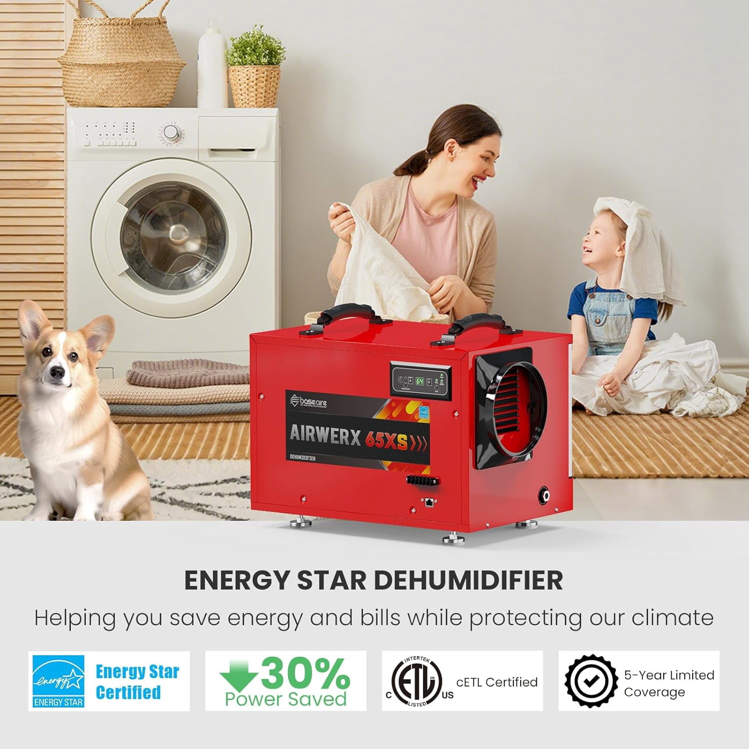BaseAire 120 Pints Attic Dehumidifier with Pump Drain Hose, Energy Star Dehumidifier for Commercial, Basement, Kitchen, Industry Up to 1,300 sq. ft, Large Capacity, Compact, Auto Defrost
