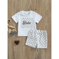 thumbnail image 2 of Franhais Girls 2Pcs Checkerboard Print Outfits, Short Sleeve Round Neck Letter Printed T-Shirt + Elastic Waist Loose Fit Short Pants, 2 of 9