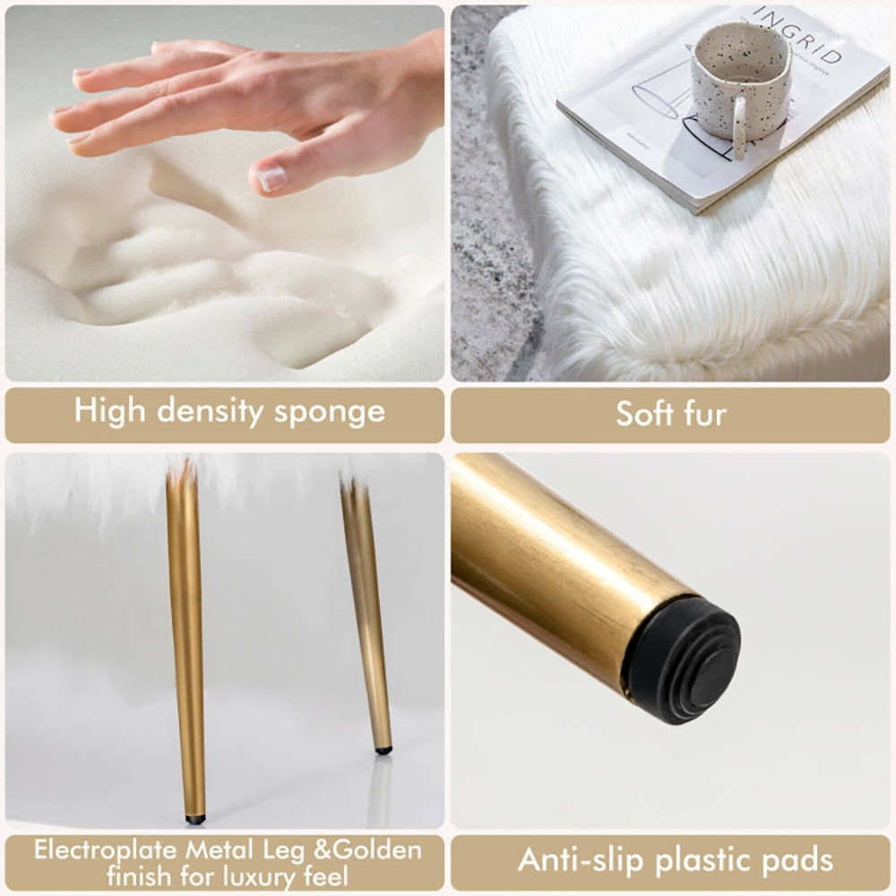 Finihen Faux Fur Vanity Stool Chair, Footstool Ottoman, Vanity Stool with Golden Metal Legs, Makeup Stool, Decorative Furniture Footrest, for Makeup Room, Living Room, Bedroom, White