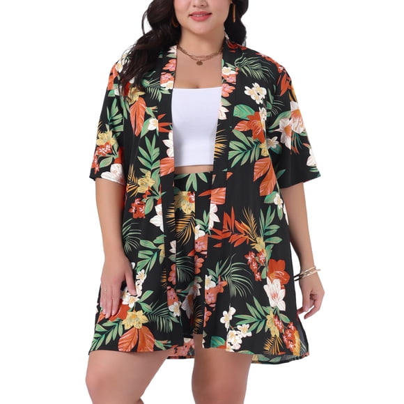 GRACE & GRANDEUR Women's Plus Size 2 Piece Floral Cardigan Tropical Print Summer Casual Kimono Tops and Shorts Outfit Sets 1X Black