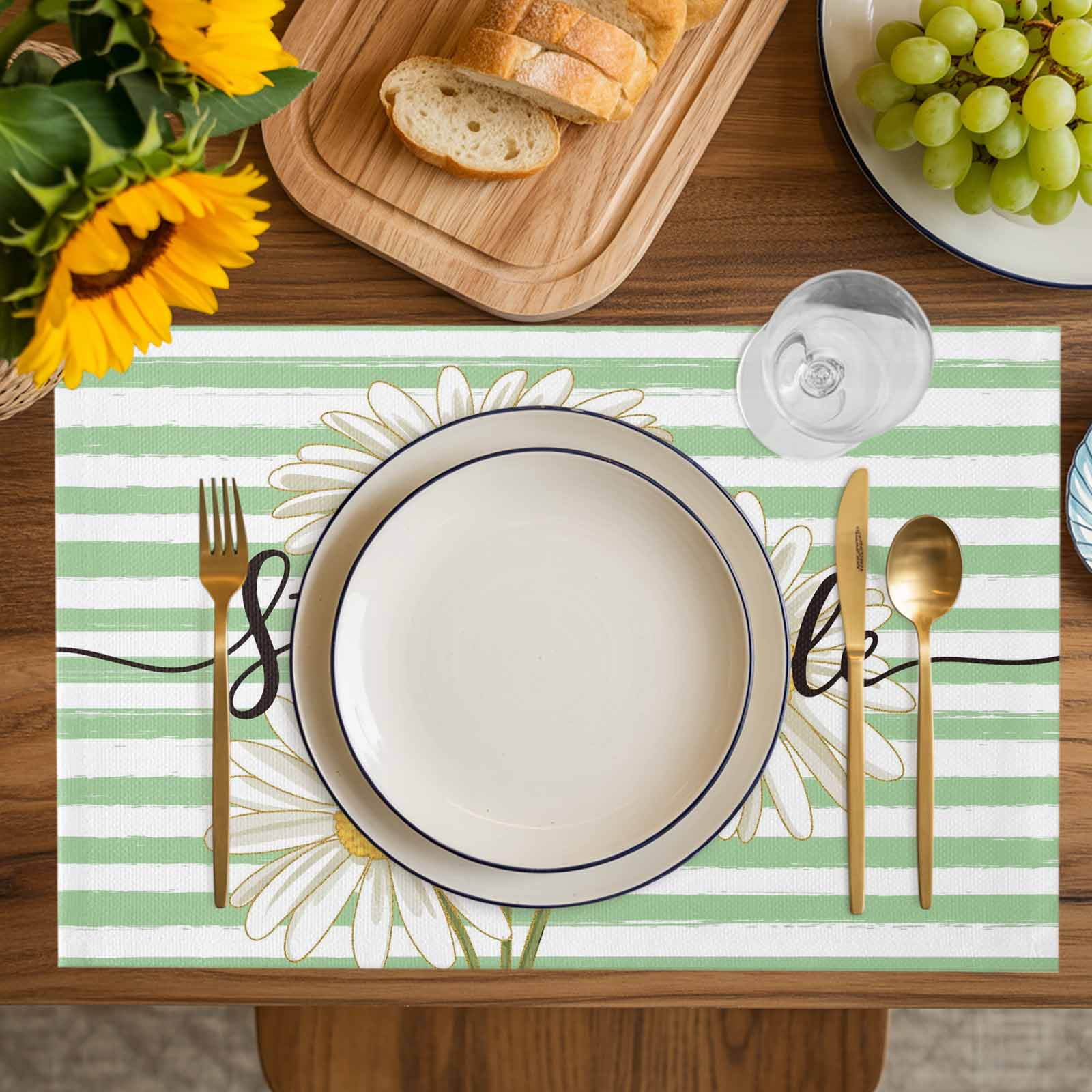 Daisy Flower Placemats Set of 4, Watercolor Farmhouse Country Floral Stripe Placemats for Dining Table, Place Mats for Kitchen Tabletop, Waterproof Wipeable Dining Table Mats Set