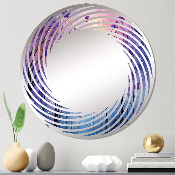 Designart "Enchanted Surrealism" Violets Spiral Round Wall Mirror - Floral Oval Printed Decorative Mirror - Multiple Color Options