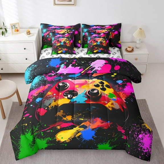 Erosebridal Video Game Bedding Sets Twin Size,Neon Gamepads Comforter Sets with Sheets,Watercolor Splash Bed in a Bag Twin size,Breathable Abstract Bedroom Decoration,Reversible,7pcs