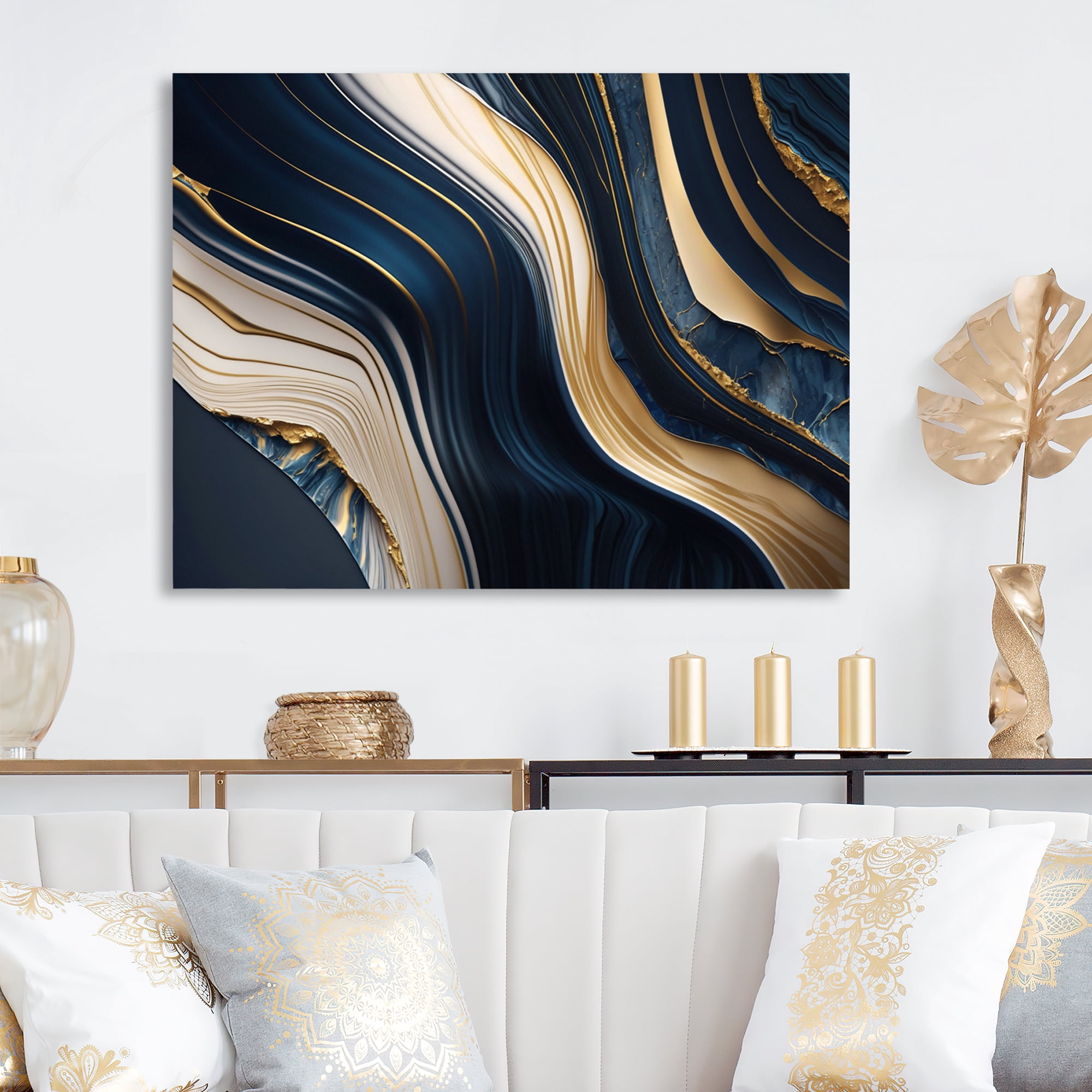Designart Abstract Geode Waves Blue And Gold II Canvas Wall Art
