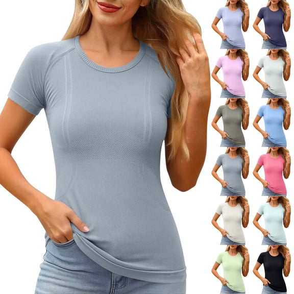 Paiwinds Women's Short Sleeve Round Neck Sports T-Shirt Slim Fit Breathable Yoga Top Soft Nylon Spandex