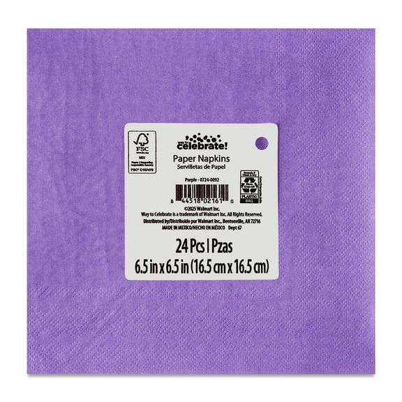6.5" x 6.5" Disposable Purple Paper Napkins, 24 Count, by Way To Celebrate