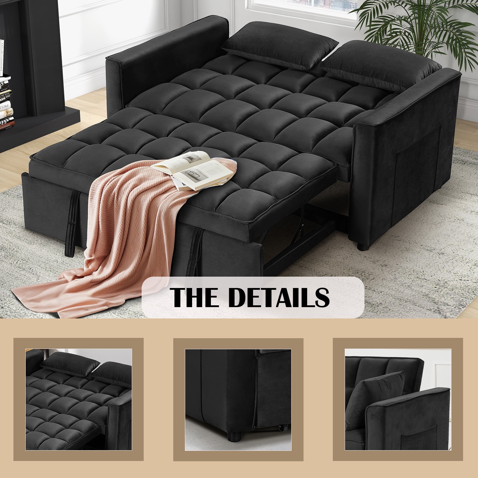 Bonzy Home Convertible Sofa Bed Versatile Velvet Sofa Pullout Bed 55 Velvet Sleeper Loveseat Black