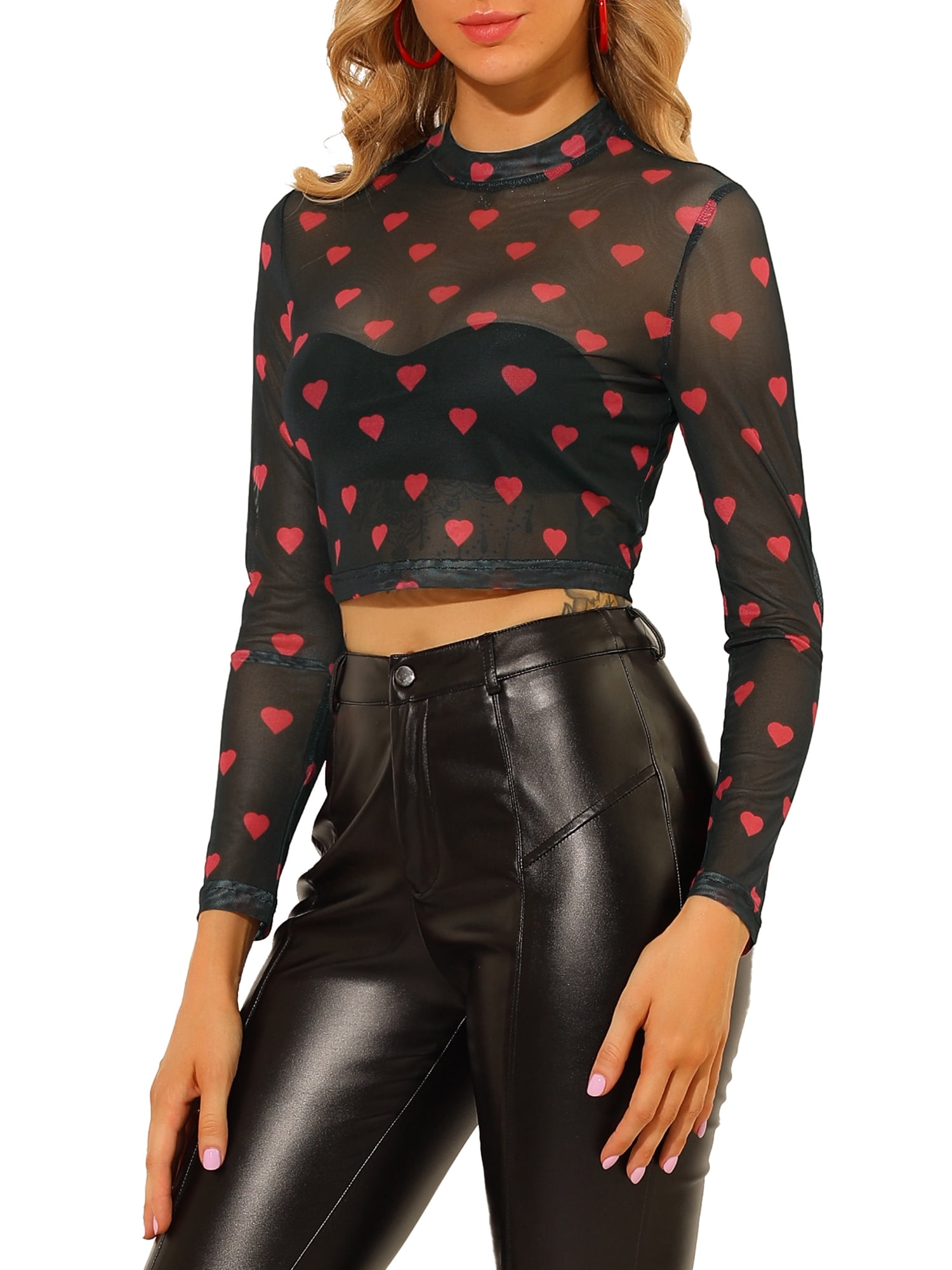 DARING DIVA Women's Semi-Sheer Sexy Crop Top Party Mesh Blouse M Black