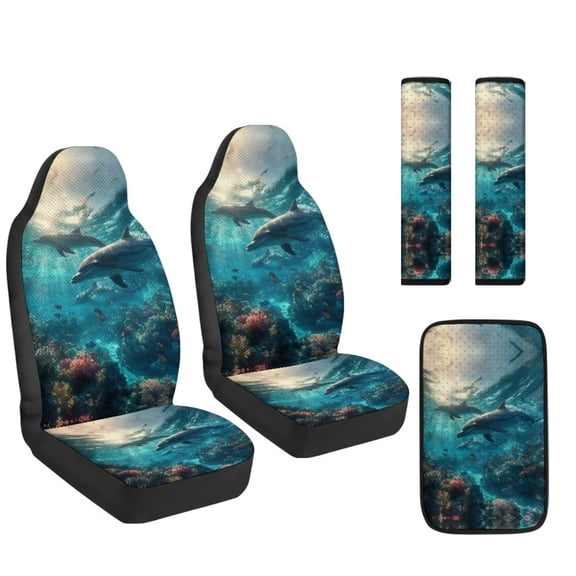 Xoenoiee Dolphin Coral Pattern Car Accessories Set of 5, PU Leather Car Seats Cover Protector, Seatbelt Cover, Auto Armrest Cover Protector for Most Vehicle, SUV, Truck