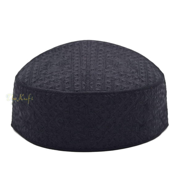 Pakistani Muslim Kufi Hats Black Intricate Embroidery Diamond Motif Rigid Round Islamic Prayer Cap Topi Tupi Head Cover