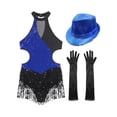thumbnail image 5 of Xnihocha Women Sequins Tassel Latin Dance Dress Fringed Leotard+Gloves+Hat Tango Jazz Dance Outfit Royal Blue XL, 5 of 7