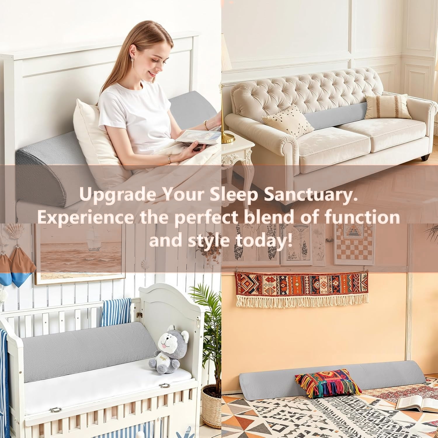 Bed Wedge Pillow for Headboard, High-Density Foam Fills Gaps Between Mattress and Headboard, Queen Size Wedge Pillow with Side Pockets for Phone and Remotes, Removable Washable Cover