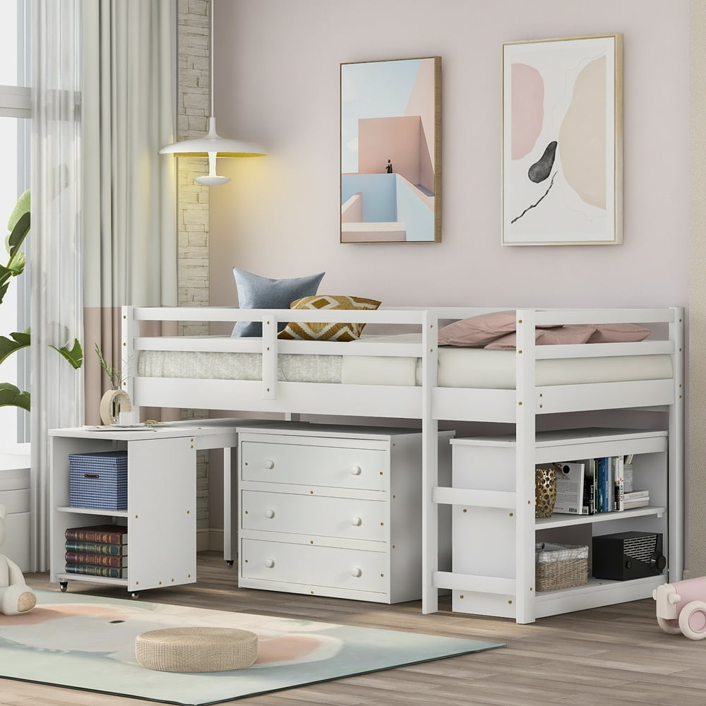 Twin Loft Storage Bed Low Loft Metal Bed with Desk and Shelves