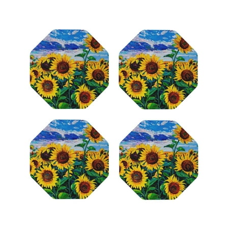 

Fuzoiu Landscape With Sunflowers Print Leather Coasters Set Drink Coasters Set of 4 for Tabletop Protection Durable PVC Coasters Home Décor and Housewarming Gift-Octagon