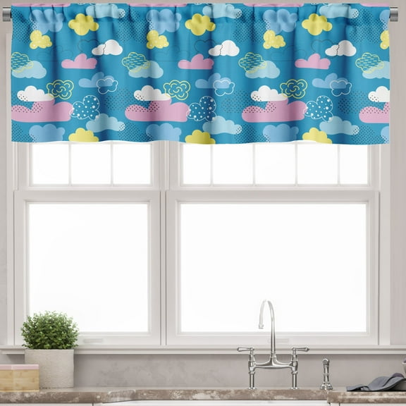 Ambesonne Cartoon Valance Pack of 2, Style Clouds Dots, 54"X12", Sea Blue Pastel Yellow