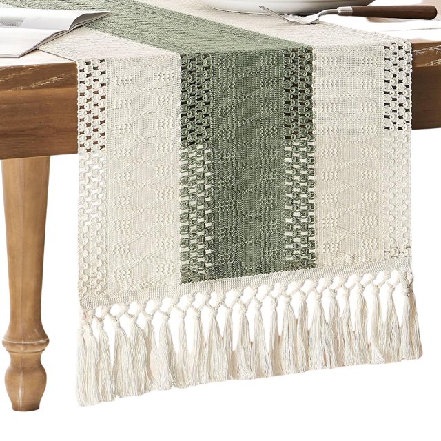Camino de mesa rústico de 72 pulgadas de largo con borlas para decoración del hogar, estilo granja, de arpillera de macramé color crema y marrón, decoración de mesa otoñal para sala de estar,