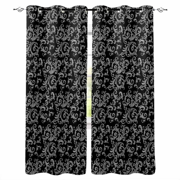 Fsddascl Black Floral Blackout Curtains for Bedroom/Living Room, Thermal Insulated Kitchen Curtains, Vintage Farmhouse Abstract Flowers Pattern Grommet Darkening Window Treatment Drapes 52"x84"x2