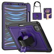 ELEHOLD Rugged Case For iPad Pro 11 Inch 2024,360 Rotating Stand Hand Strap Shoulder Strap Pencil Holder Full-Body Heavy Duty Shockproof Protective Case,Purple