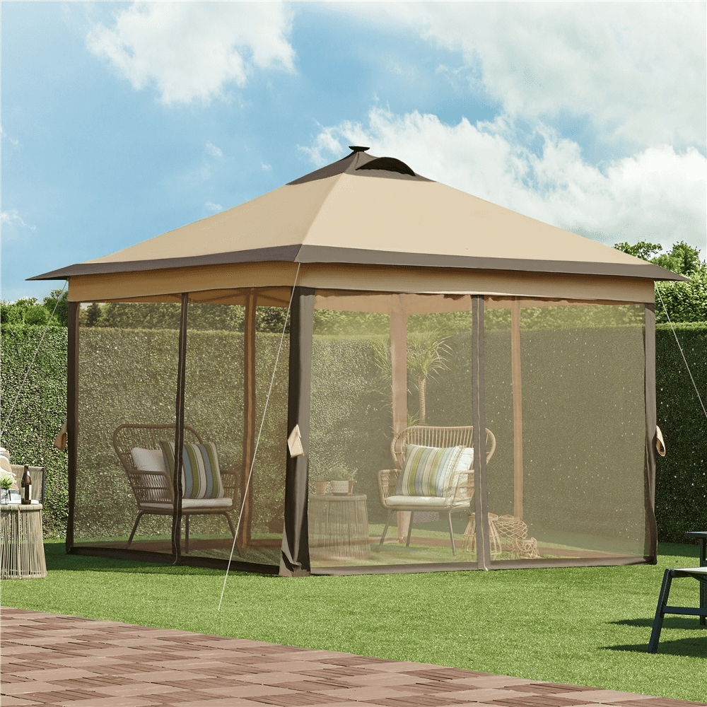 Topeakmart 11x11ft Pop-up Gazebo with 4 Mesh Walls, Solar LED Lights for Outdoor, Khaki/Brown