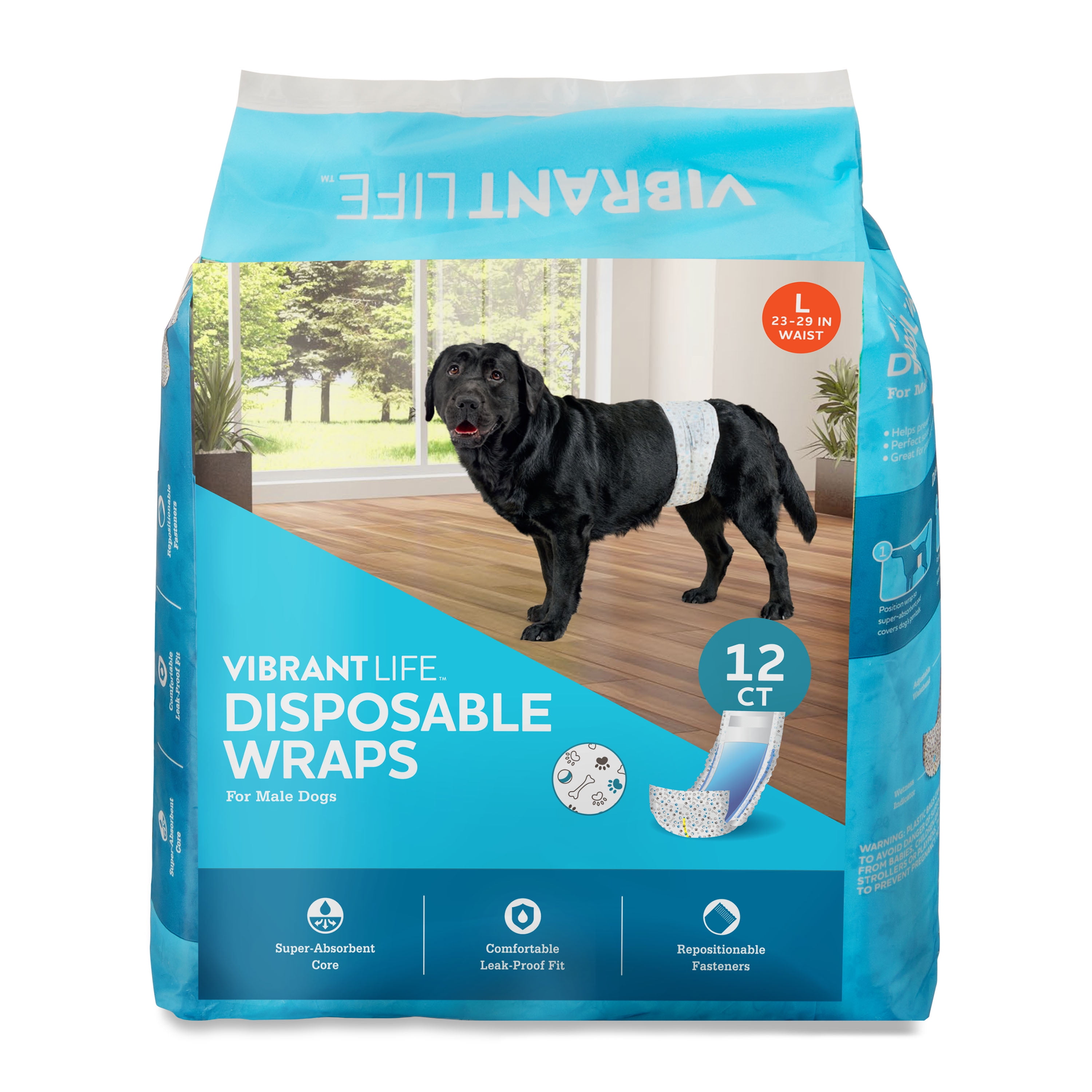 (4 pack) Vibrant Life Disposable Dog Wraps for Male Dogs, L 12 Count
