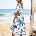 thumbnail image 5 of YueHuiYing Women's Summer Casual Blue-and-White Porcelain Print Short-Sleeve Round-Neck Knee-Length Dress, 5 of 7