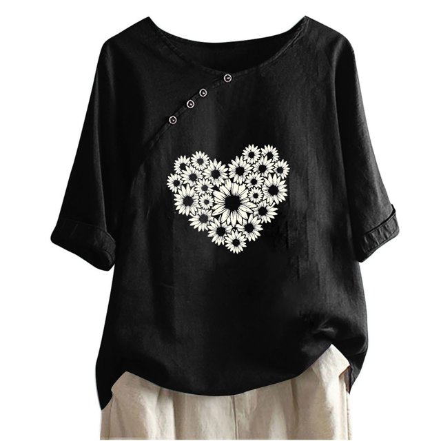 Birdeem T-Shirt Décontracté en Coton et Lin Imprimé à Manches Courtes Col Rond Boutonné
