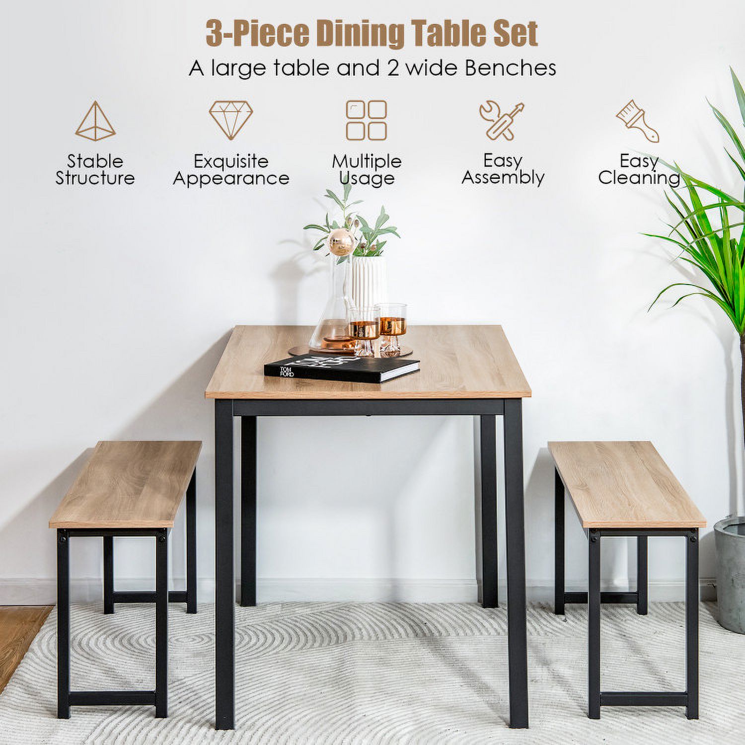 Finihen Dining Set, Dining Table Set, 3 Pieces Dining Table Set with 2 Benches for Dining Room Kitchen Bar, Natural Finihen Dining Set, Dining Table Set, 3 Pieces Dining Table Set with 2 Benches for Dining Room Kitchen Bar, Natural
