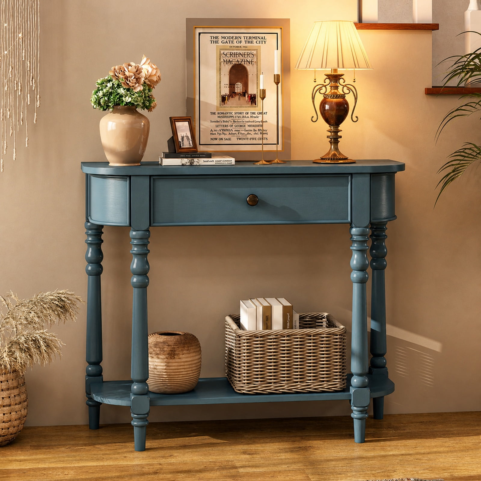Furnibear Retro Narrow Console Table 36 Inch Wooden 2 Tier Sofa Table with Drawer for Entryway Hallway and Behind Couch, Blue