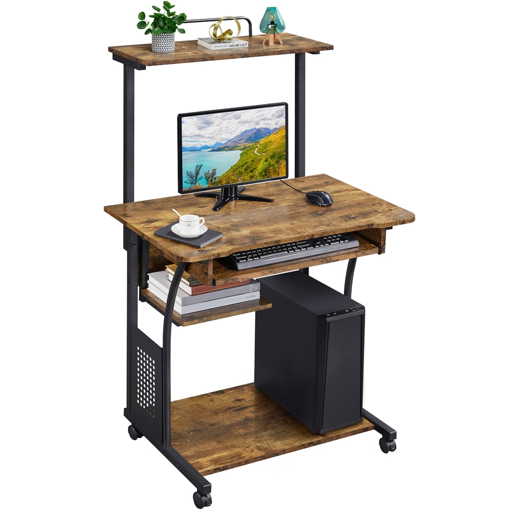 Topeakmart 2 Tiers Rolling Computer Desk with Printer Shelf and Keyboard Tray for Home Office