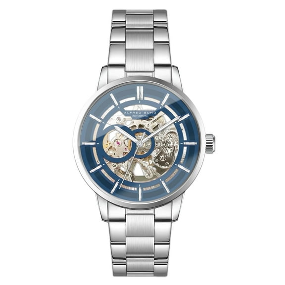 Alfred Sung Men's Automatic III Silver Skeleton Blue Dial Link Watch