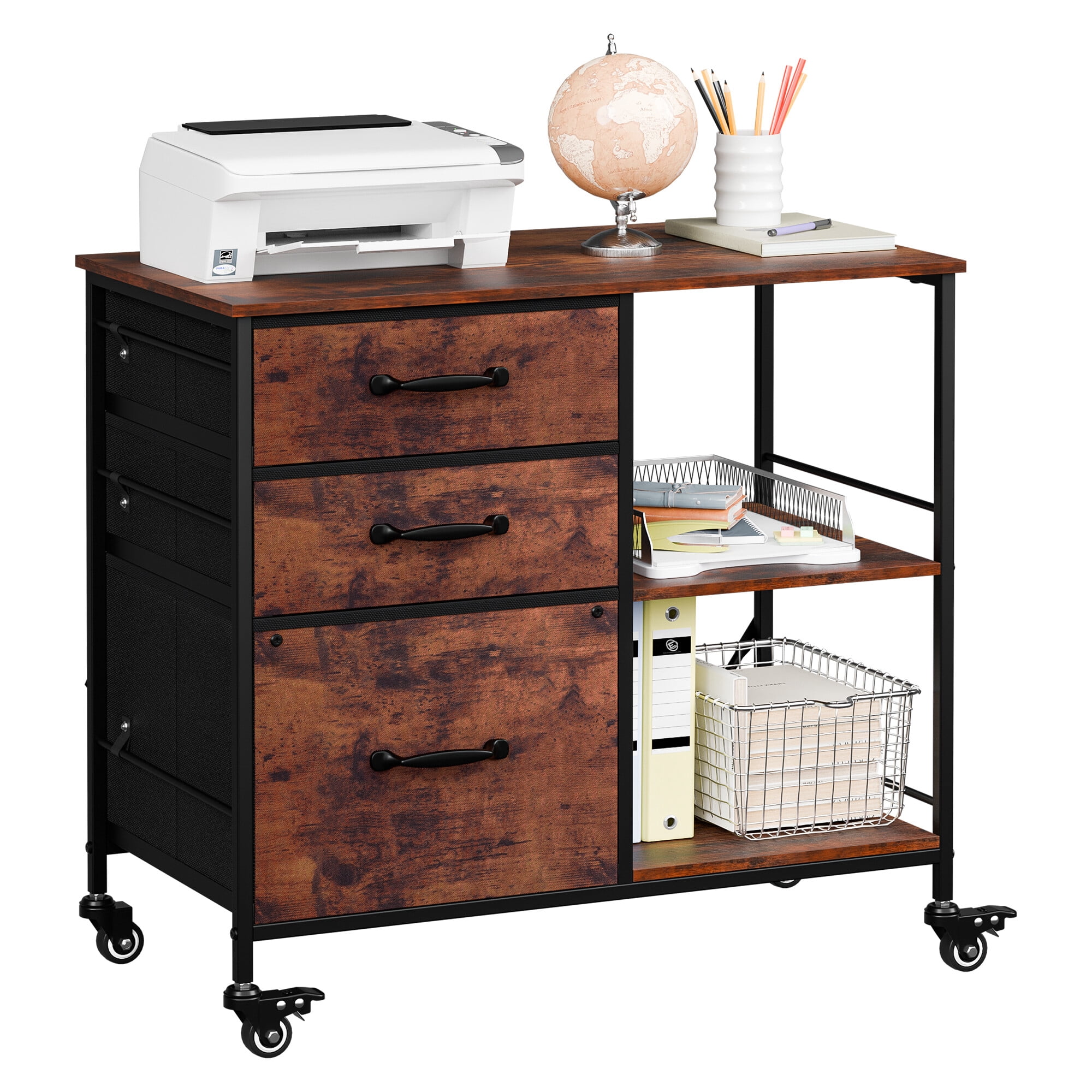 ZENSTYLE Storage Shelf 3 Drawer Rolling Stand Mobile File Cabinet for Home Office, Rustic Brown