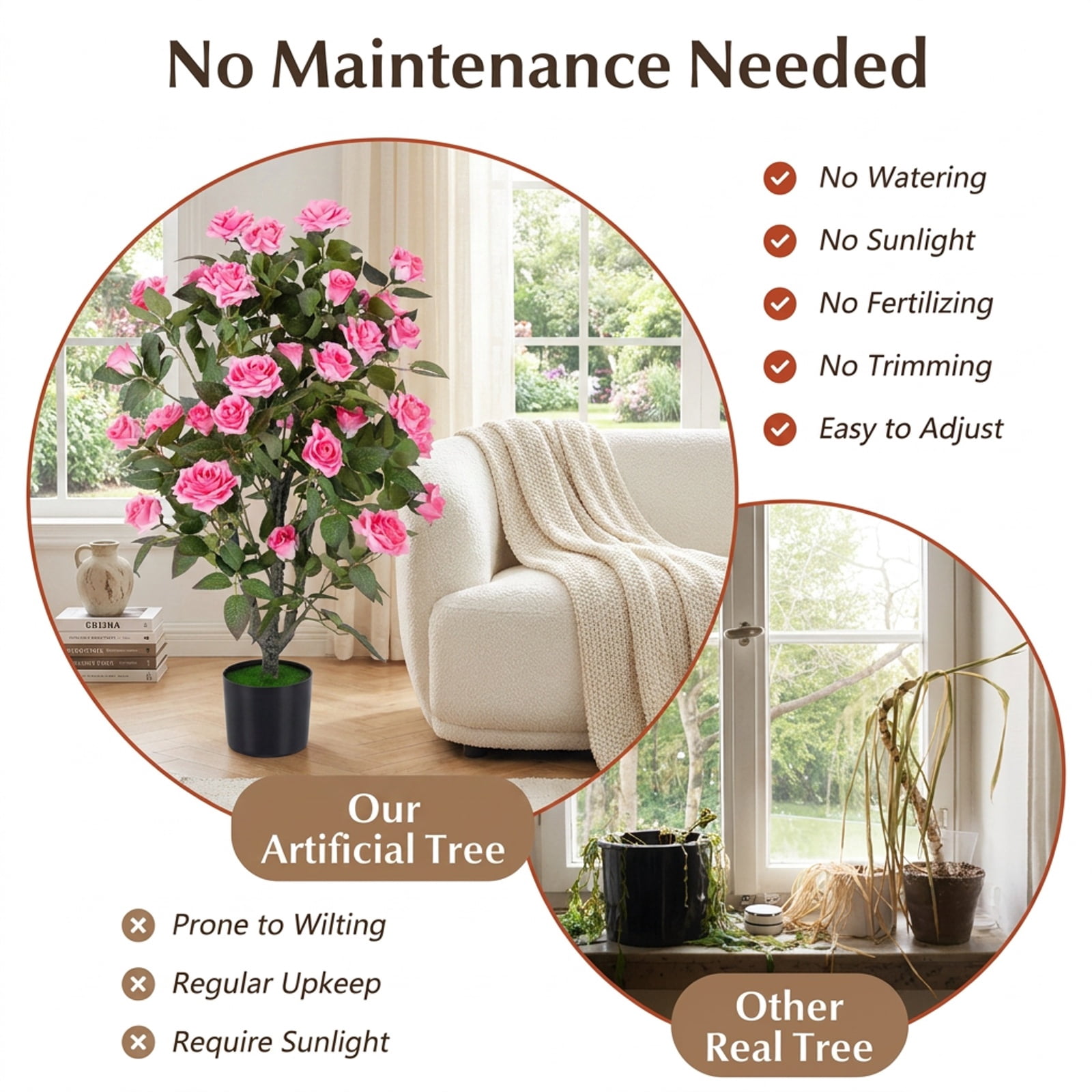 Vebreda Artificial Plant Decor, 35.5" Artificial Rose Tree with Blooming Flowers and Green Leaves for Indoor, Beautiful & Lifelike Rose Tree