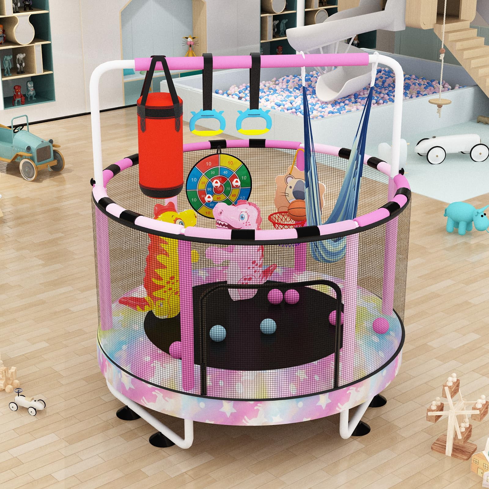 Baxluxe 55" Kids Trampoline with Safety Net, 7-in-1 Adjustable Height Design, 500lbs Weight Capacity for Indoor & Outdoor Use, Fun Mini Trampoline for Children Ages 3-8 Years Old, Rainbow