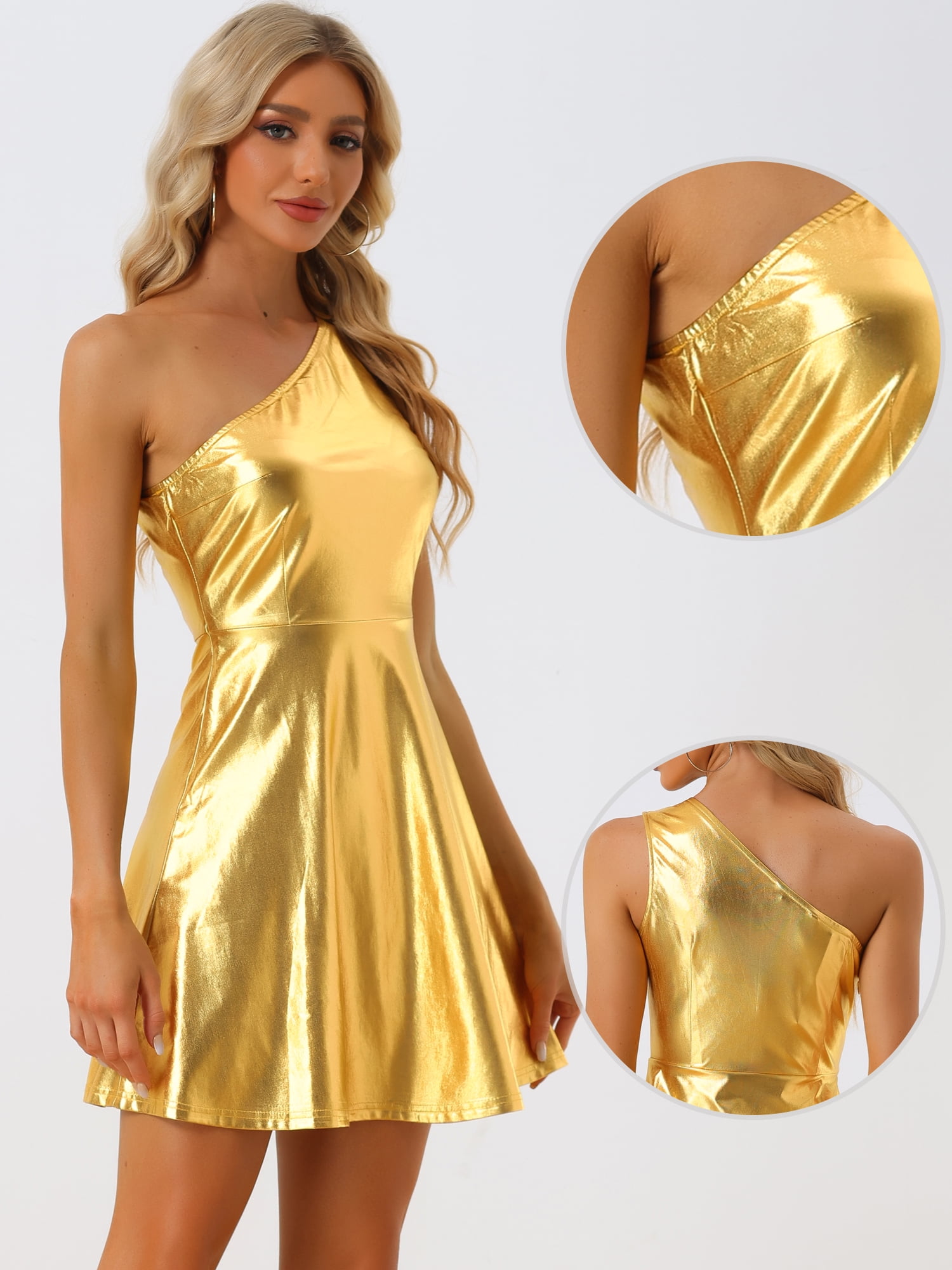 DARING DIVA Metallic Sleeveless Disco Holographic Dress S Gold