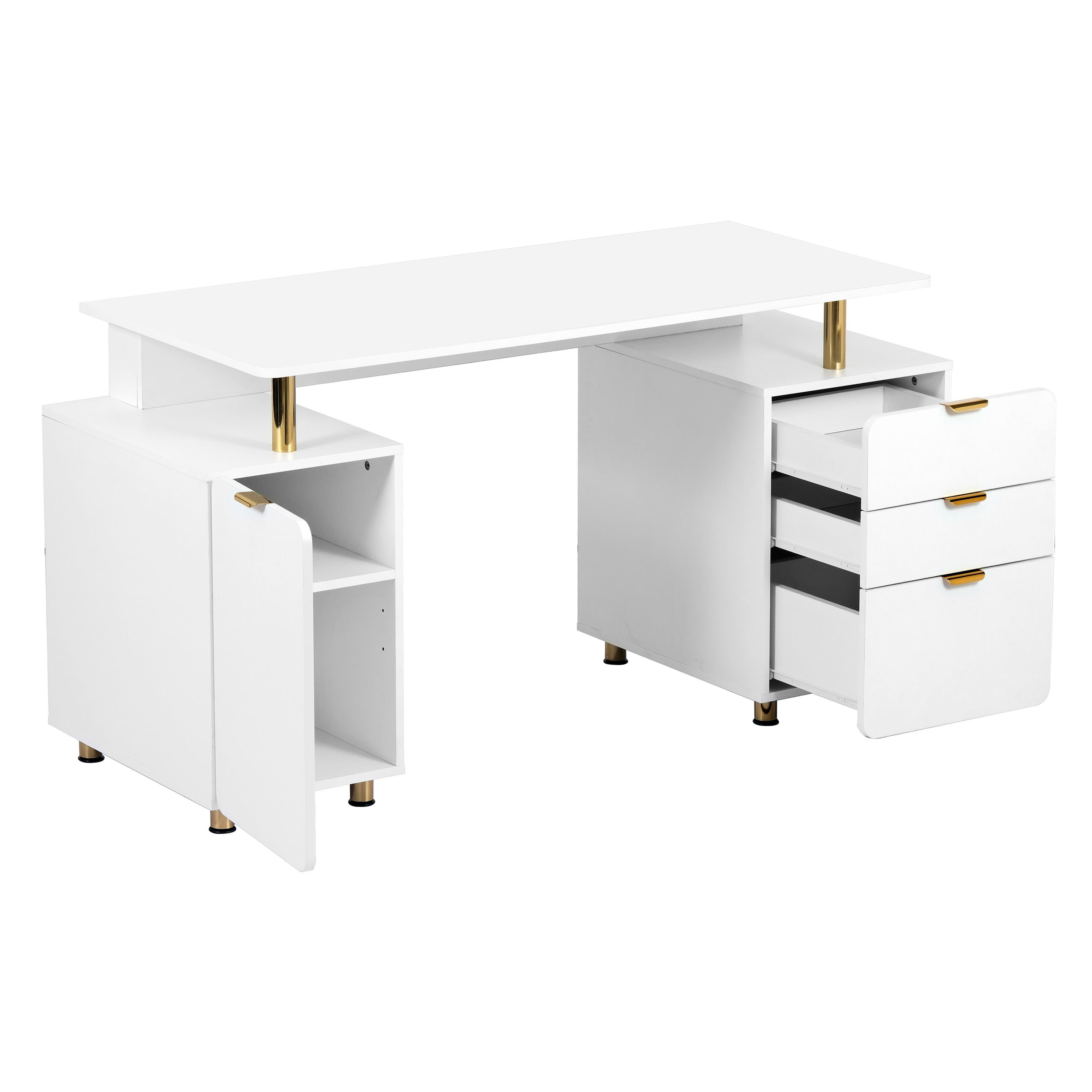 56.75" W Elegant Executive Desk with 3 Drawers and Storage Cabinet, Modern Office Desk with Gold Accents, Floating Work Surface, Closed Storage with Ventilation & Adjustable Shelf, White & Gold
