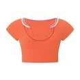 thumbnail image 3 of Women Short Sleeve T-Shirt V Neck Ribbed Knit Crop Top Contrast Color Slim Fitted Casual Basic Tee Top, 3 of 6