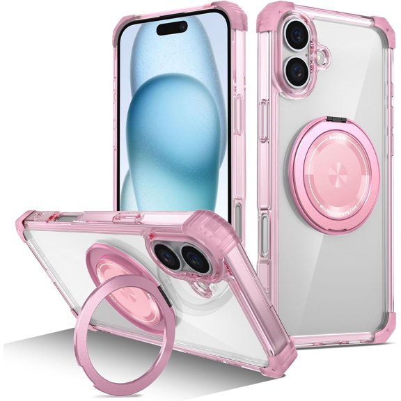 Case for iPhone 16,Military Grade  [Built-in Kickstand] Magnetic Rotate Ring Holder Heavy Duty PC Shockproof Protect Phone Case for iPhone 16,6.1 inch 2024 (Pink)
