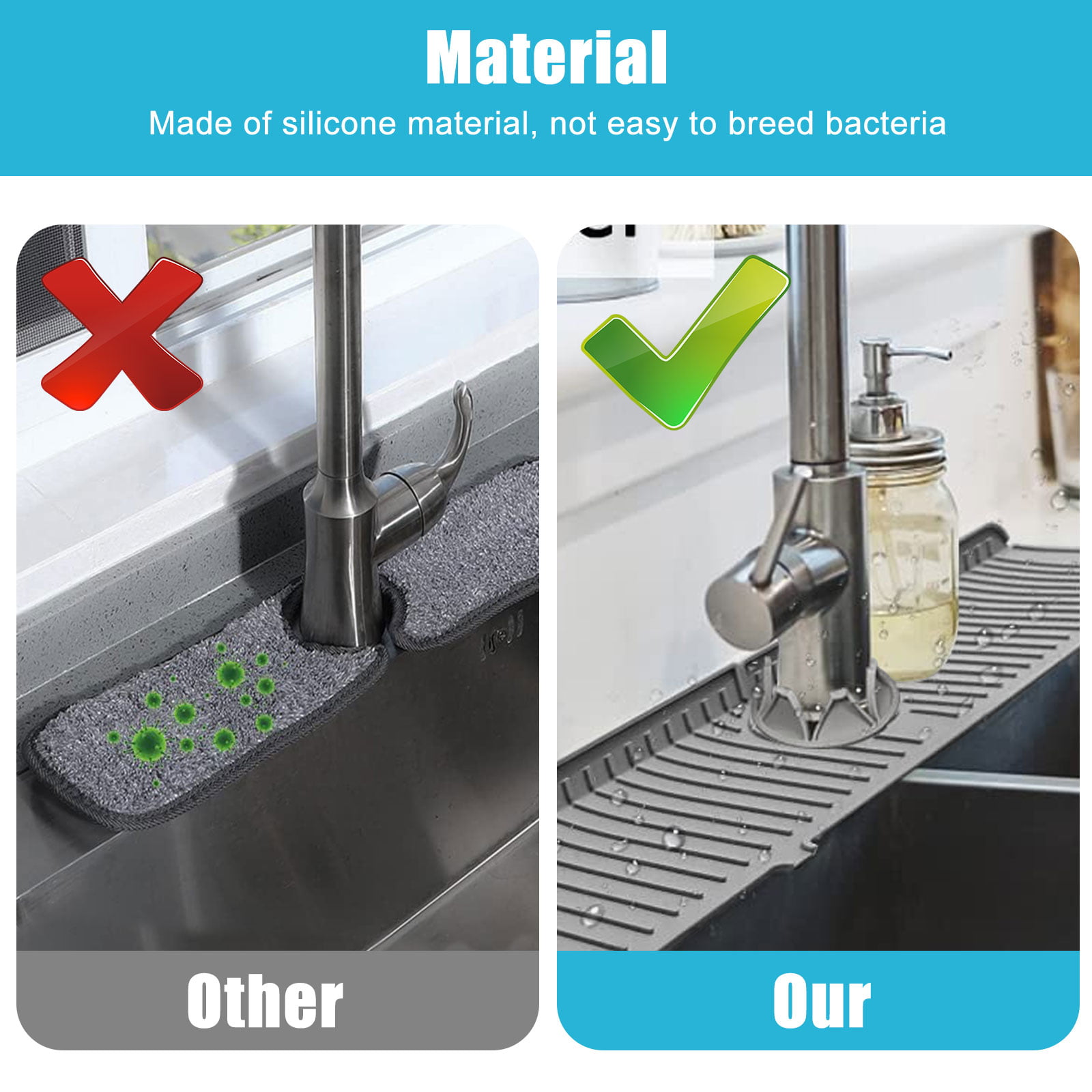 Fatpig Sink Faucet Mat with Slope for Self Draining Silicone Sink Splash Guard As Soap Dish & Sponge Holder Faucet Handle Drip Catcher Tray for Kitchen