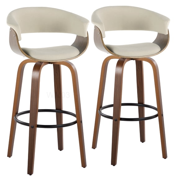 Mid-Century Modern Bar Stools Set of 2 with Swivel and Cream Fabric Seats