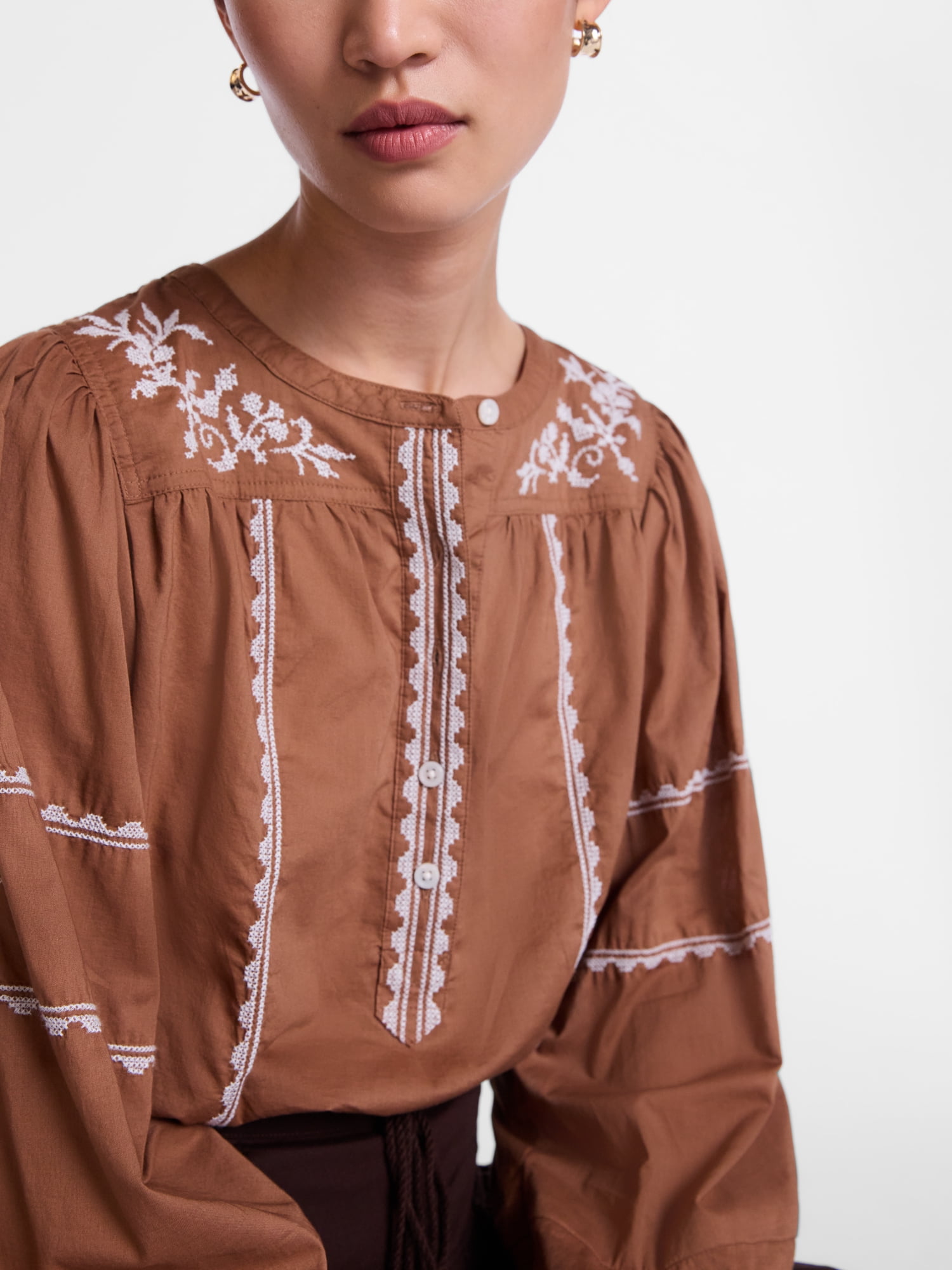 Scenario Women's and Women's Plus Embroidered Top with Long Sleeves, Sizes XS-4X