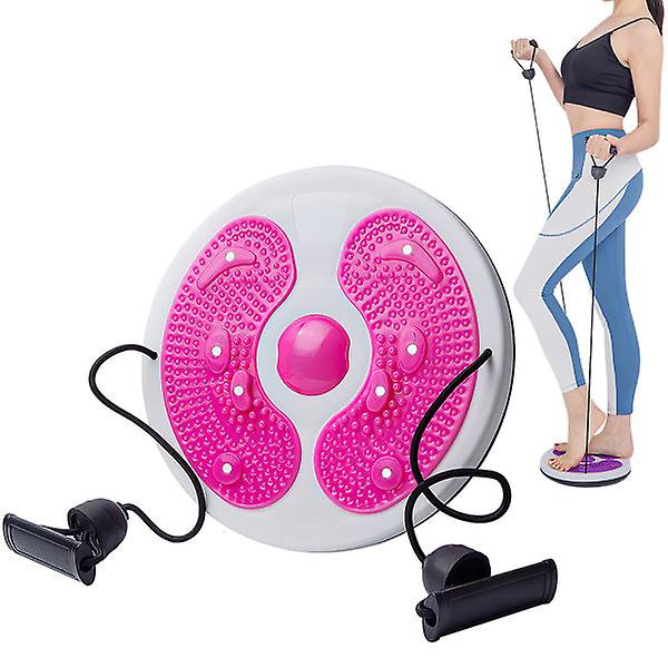 plato giratorio para cintura, plato giratorio moldeador de cintura con cordón, fitness en casa, con planta de masaje para pies disco giratorio blanco con zonas de masaje rosas texturizadas y botón central, con dos bandas elásticas y manijas negras; modelo muestra uso de torsión en fondo blanco. Su tamaño compacto lo hace adecuado para ejercicios de equilibrio y resistencia en casa.
