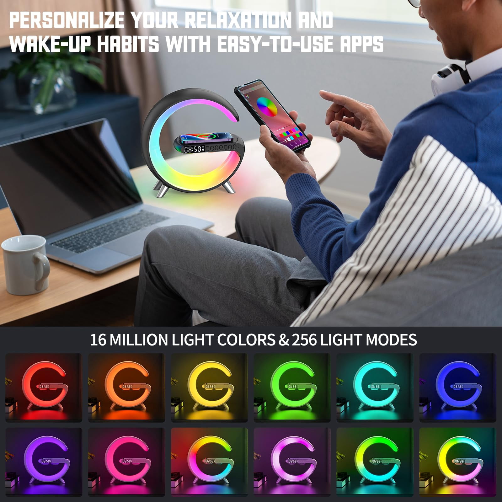 2025 New Wireless Charger Atmosphere Lamp, 4-in-1 Bluetooth Speaker with Lights, Bedside Lamp with Clock, Color Changing Sound Machine Smart LED Table Lamp for Home Decor, Bedroom, Office (Black USB)