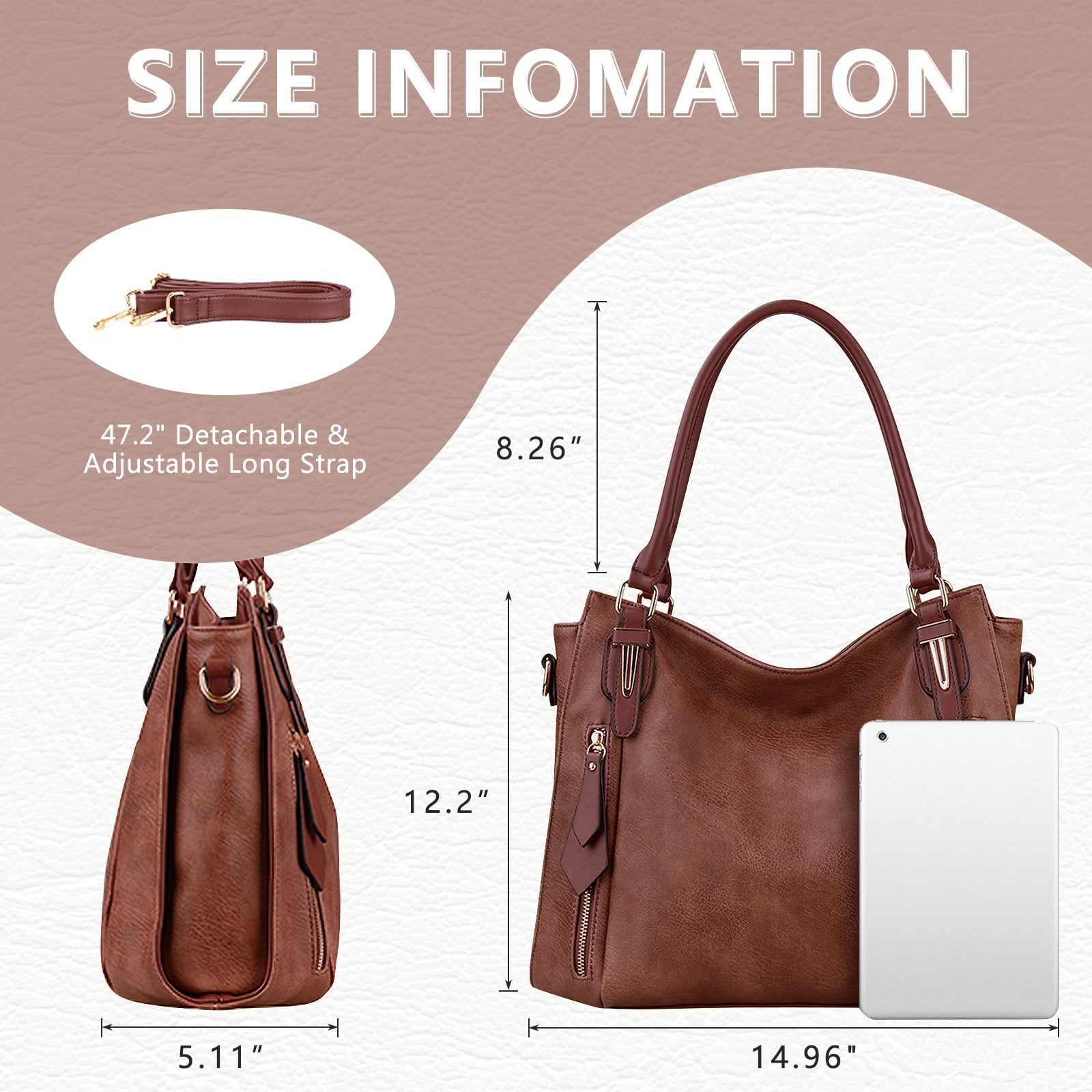 JOYSON Women's Shoulder Bag,Handbags,Tote Zipper Purse PU Leather Top-handle Satchel Bags Ladies Medium Coffee