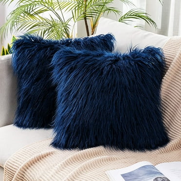 Nvzi Pack of 2 Decorative Faux Fur Throw Pillow Covers New Luxury Series Style Fluffy Pillow Case Cushion Cover for Sofa Bedroom Car Navy Blue 18 x 18 Inch