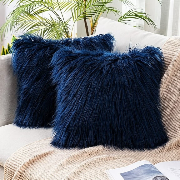 Nvzi-a Pack of 2 Decorative Faux Fur Throw Pillow Covers New Luxury Series Style Fluffy Pillow Case Cushion Cover for Sofa Bedroom Car Navy Blue 18 x 18 Inch