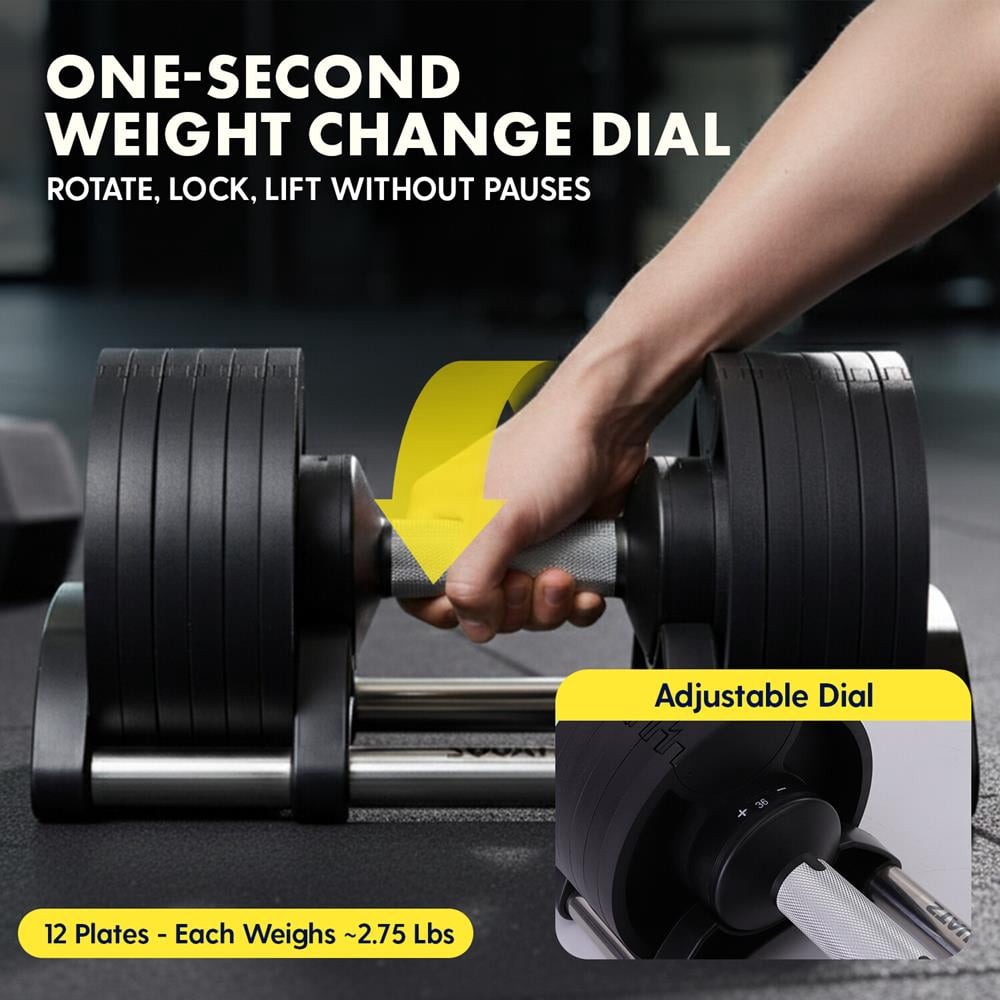Squatz Adjustable Dumbbells Set – Quick Weight Change Dumbbells with Anti-Slip Handle, Secure Locking System, Space-Saving Design with Heavy-Duty Plates & Base